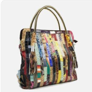 Caerlif Multicolored Snake-Embossed Stripes Real Leather Tote